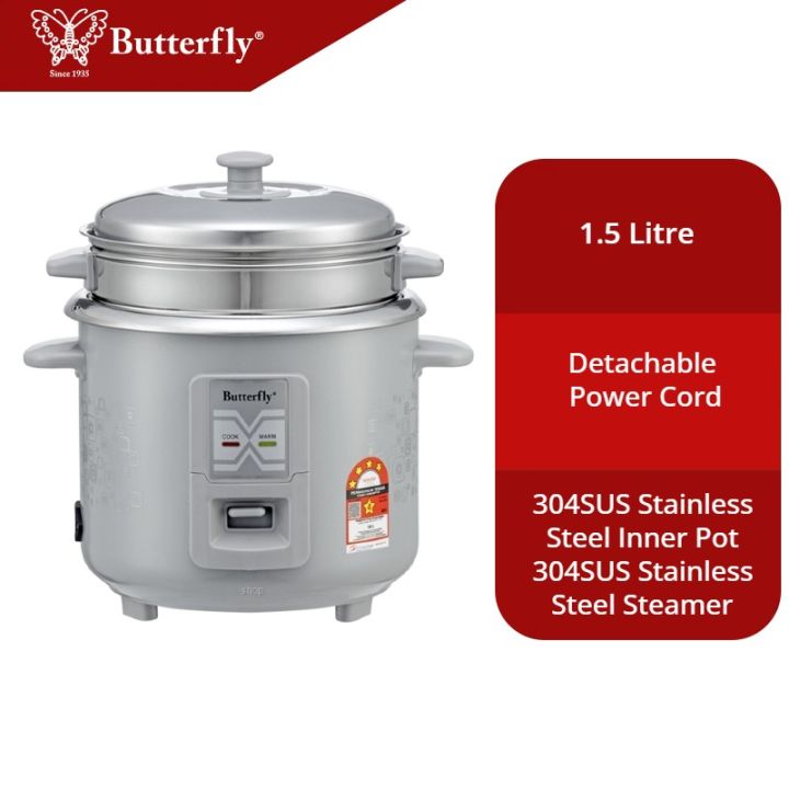 Butterfly Stainless Steel Straight Rice Cooker with Steamer 1.5L BRC SS150 Lazada