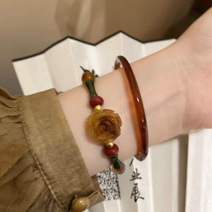 Retro Rose Flower Jade Beaded Bracelets 2-piece Set for Women Minority Design Bangle Bracelet Jewelry Accessories Gifts