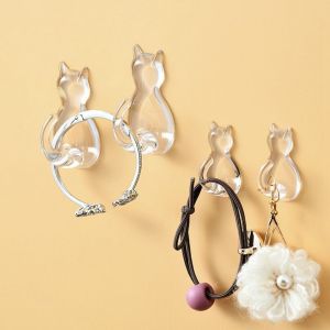 LITUILI 2 Pcs Plastic Cat Shape Wall Hook Transparent Self-adhesive Cat Hooks Durable Decorative Cat Key Holder Home