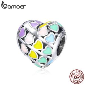 BAMOER Free Shpping October Romantic 925 Sterling Silver Rainbow Heart Color Enamel Charms Beads fit Original Bracelets DIY Jewelry Making SCC902