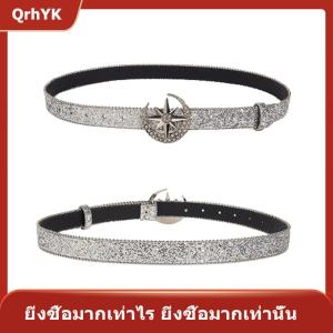 【QrhYK】 เข็มขัดหัวเข็มขัดประดับพลอยเทียมแฟชั่นสำหรับผู้หญิงและผู้ชายสายรัดเอวทำจากหนัง PU แวววาวหัวเข็มขัดโลหะแนวพังก์แวววาวแบบ Y2k