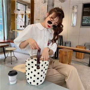 Simple Wave Point Polka Dot Canvas Bucket Bag Korean Style Large Capacity Handbag Lunch Bag Tote Bag Mummy Bags Shopping Bags H260729
