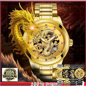 Jam Tangan Naga Lelaki Gold Dragon Watch Quartz Calendar Stainless Steel Men Watches