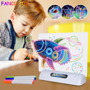 3d Neon LED Drawing Pad Doodle Board Fun Fluorescence Toys Glow In Dark With Light Through Surface and Stand 4 Fluorescent Markers Early Learning Educational Toys for Kid