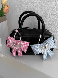 Cute Grid Bowknot Pendant Stylish Phone Charm Key Chain Bag Decoration Keychain Accessory for Women and Girls