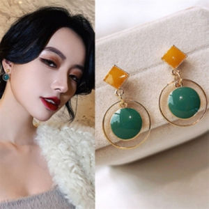 GL 18K gold Korean Green four leaf grass crystal temperament ear clasp long Earrings ES6270