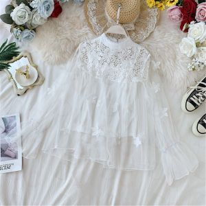 2 Pcs Mesh Top + Suspender Cutout Collar Flared Sleeves Lace Blus