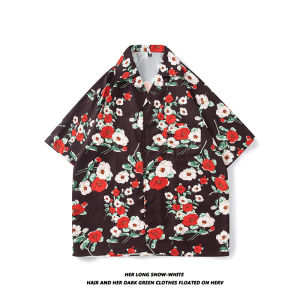 Retro Red Flower Full Printed Shirt Fashion Brand Loose Niche Artistic Sense Hawaiian Style Shirt