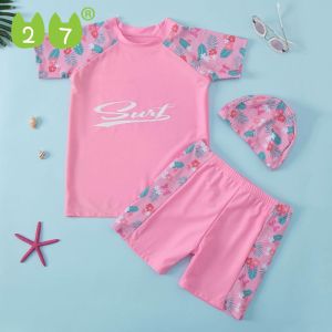 27KIDS Bộ Đồ Bơi 3 Món Áo Tay Ngắn + Quần Short + Mũ Bơi Dành Cho Bé Gái M-4XL