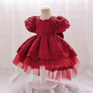 MQATZ Baby Girl One Year Birthday Party Dress Red Pink Trailing Flower Lace Tutu Gown Newborn Bow Baptiam Tulle Clothes T2123XZ