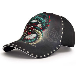Mens trendy sports baseball cap casual and versatile fashionable Chinese-style green dragon print pure cotton hard-brimmed stylish
