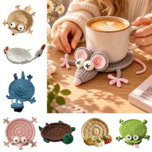 FLYING Handmade Crochet Craft Crochet Animal Coaster Soft Knitted Non-slip Base Cute Cartoon Cup Mat Fun Knitted Creative Cartoon Style Knitted Drink Coaster Home Kitchen Table Decor