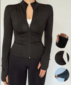 (FE FASHION) Women Long Sleeve With Zipper Fitness Running Tops Yoga Clothes With Two Pocket Jogger Running Coats