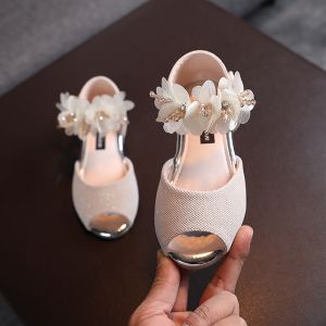 Korean Stylish Girls Peep-toe Sandals Flowers Strap Kids Princess Leather Shoes Soft Sole Anti-skid