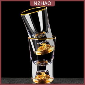 N2HAO Sang trọng pha lê thủy tinh Vodka thủy tinh Sake Shochu Thanh thủy tinh rượu mùi đôi đáy vàng lá thủy tinh cốc trà quà tặng cao cấp rượu mạnh