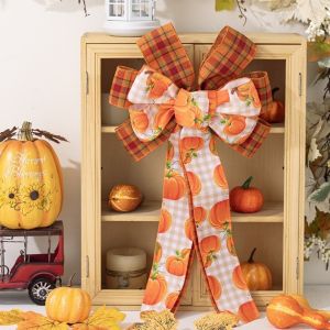 AKZDXE Plaid Pattern Fall Bows for Wreaths Large Burlap Thanksgiving Ribbon Bows Orange Party Supplies Fall Wreath Bow for Front Door