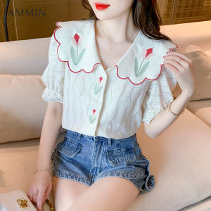 เสื้อเบลาส์ปักลายดอกทิวลิปสไตล์เกาหลี เสื้อแขน บานปักลายลูกไม้ ลายฉลุหวาน สง่างามรุ่นใหม่ฤดูร้อนปี2022