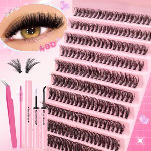 640/800PCS DIY New eyelashes extension kit black large-capacity cluster false eyelashes 9-16mm 10D/20D/30D/40D/50D/ D-curling with Waterproof Bond & Seal Tweezer brush natural false eyelashes suitable for Travel/Dating/daily makeup at home