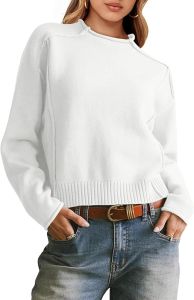 Saodimallsu Womens Short Sweater Long Sleeve Turtleneck Soft Knitted Casual Loose Autumn Pullover Sweater Top