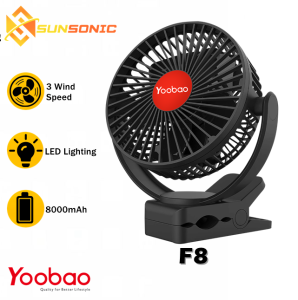 Yoobao F8 Strong Wind Mini Desktop Clip Rechargeable Fan Compact Size with 3 Speed Gears and LED Light