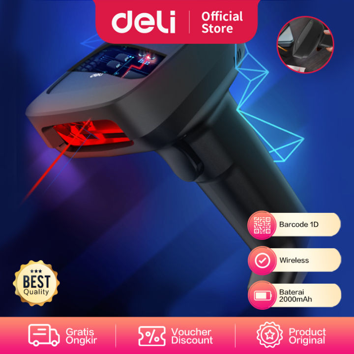 Deli Barcode Scanner 1D Wireless Rechargeable Handheld Pemindai Barcode ...