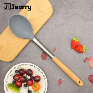 Jearry Stainless Steel Silicone Ladle Wooden Handle Heat Resistant Food Grade Cookware