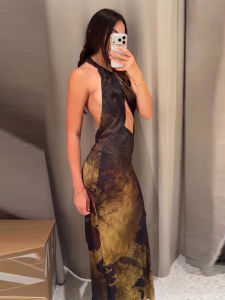 Gradient Printed Womens Maxi Dress Tie Halter Neck Front Chest Cut Out Midriff Hollow Full Bare Back Flared Fish Tail Skirt2026