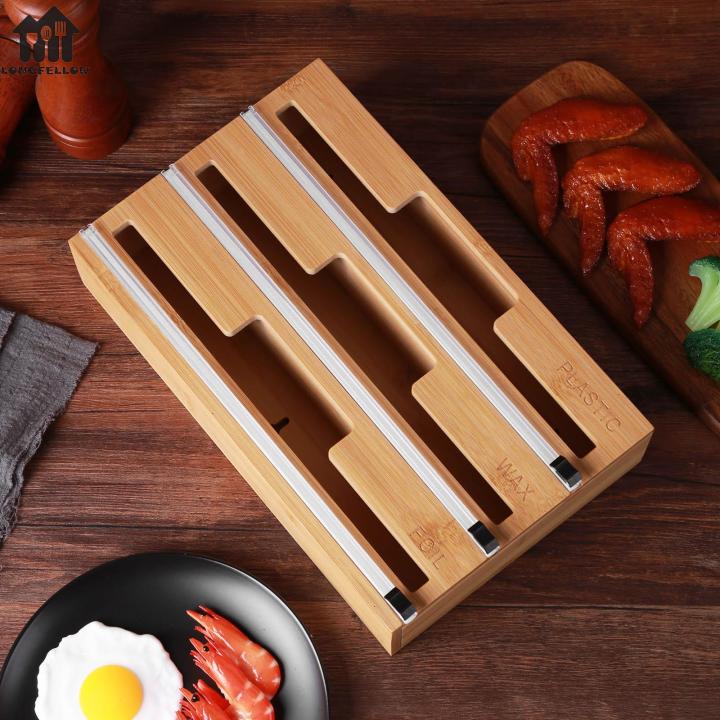Tin Foil Plastic Wrap Organizer Bamboo Wood Roll Organization Storage