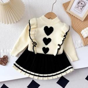 ชุดเสื้อผ้าเด็กอ่อนหญิงใบไม้ร่วงหวานๆลายหมีลีดเดอร์เสื้อสเวตเตอร์ถักกันหนาว + กระโปรงมีจีบ2ชิ้นชุดวันคริสต์มาสฤดูหนาว