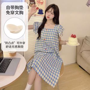 French Pink Girlish Sleeping Dress with Chest Pad Summer New Sweet Floral Student Nightdress Loose Dormitory Home Clothes