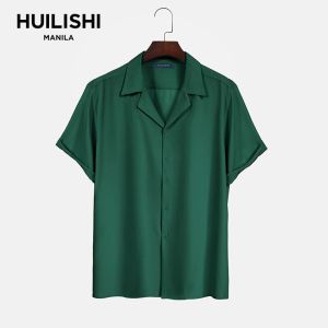 HUILISHI Cuban collar shirt mens short-sleeved summer trend tide brand high-end thin section loose casual drape ice silk shirt