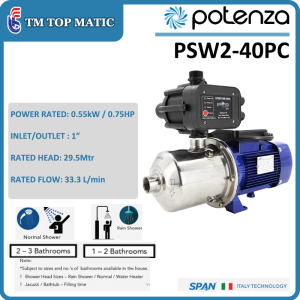 Potenza PSW2-40PC 0.75HP/0.55kW Water Pump Stainless Steel Inlet/Outlet 1" for 2-3 Bathrooms TM Top