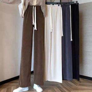 Quần ống rộng nỉ nhung tăm kiểu quần dài ống suông cạp chun lưng cao có dây rút chỉnh eo