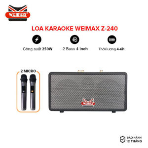Loa karaoke xách tay Weimax Z-240 công suất 250W tặng kèm 2 micro không dây âm thanh sống động mạnh mẽ chỉnh bass treble echo kết nối đa dạng thời gian hoạt động 6-8h bảo hành 12 tháng