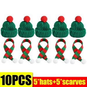 🎄24h Ship🎄20PCS 2024 New Mini Santa Hat Scarf Red Knitted Hat Doll Lollipop Wine Bottle Cover Christmas Champagne Set New Year Christmas Party Table Decoration