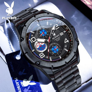 PLAYBOY นาฬิกา ผู้ชาย กัน น้ำ ของแท้ 2026 ใหม่ สายสแตนเลส โครโนกราฟ กันกระแทก ปฏิทิน ส่องสว่าง ลำลอง แฟชั่น นาฬิกาควอตซ์ ประกัน 1 ปี