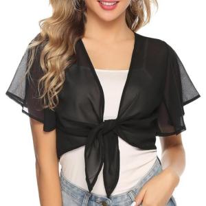 Lightweight Womens Cropped Kimono Cardigans Tie Front Sheer Chiffon Short Sleeve Shrugs Boleros Jackets for Daily Wear