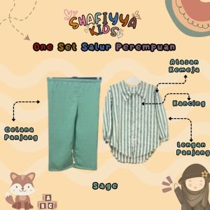 Pakaian Anak Perempuan Setelan Salur Cringkle Polos 1-10 Tahun Lengan Panjang Lentur Ringan Sage