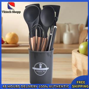 Vktech Complete 12-Piece Kitchen Utensil Set with Heat-Resistant Wooden Handles for Cooking and Serving