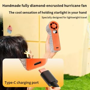 WILLOPI Long-Lasting Rhinestone Handheld Fan Digital Display Sparkling Personal Electric Fan Compact Strong Wind Portable Hand Fan Travel Use