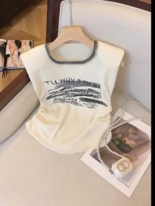 AMMIN เสื้อเบลาส์สง่างามแบบลำลองคอกลมผ้ายืดเอวสูงแบบเรียบง่ายสำหรับฤดูร้อน2024เสื้อยืดผ้าฝ้ายล้วนพิมพ์ลายโมโนแกรมแขนกุด