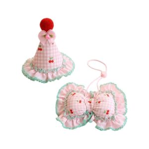 FLEURS Cute Cat Dog Birthday Hat Set Colorful Bow Pet Dress Up Set Cherry Adjustable Pet Cap Bow Tie Pet Birthday Party