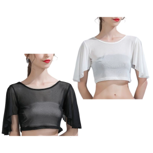 Womens See Through Mesh Slim Fit Crop Top Ruffle Half Sleeve Crewneck Sheer T-Shirt for Clubwear and Casual Outfits