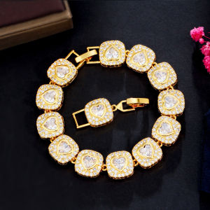 SEQUITO Luxury Women Gold Plaetd Bangle Jewelry Inlaid White Yellow Red Heart Shape Shiny AAA Cubic Zirconia Trendy Banquet Party Bracelet for Lady B174
