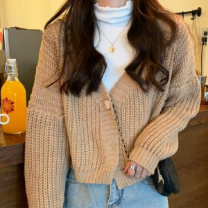 Jaket rajutan populer baru gaya Korea Sweater pendek kerah V