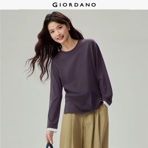 GIORDANO Women T-Shirts 100% Cotton Regular Fit Tee Contarst Cuff Long Sleeve Fashionable Casual T-Shirts 13326610