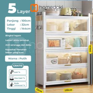 Homedoki Rak Piring Tertutup / Rak Dapur / Rak Susun Serbaa / Lemari Piring / Rak Penyimpanan Multi-layer Dengan Roda Pintu