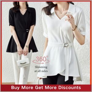 Womens Shirts White Fashion Shirt Age Reduction Short-sleeved Long-sleeved Trimming the Neckline