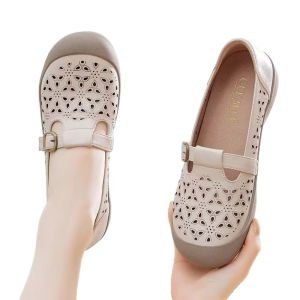 Comfortable platform sandals for women round toe hollow breathable hole shoes mothers shoes soft leather new summer sandals