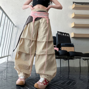 กางเกงคาร์โก้เด็กผู้หญิง กางเกงขากว้างแบบสปอร์ต เอวยางยืด เวอร์ชั่นเกาหลี ผ้าคาดเอวสีตัดกัน สไตล์อินเทรนด์ 7-15 ขวบ